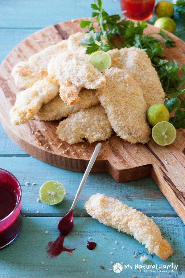Coconut Crusted Chicken Tenders with Blackberry Sweet Chili Lime Dipping Sauce Recipe {Paleo, Clean Eating, Gluten Free, Dairy Free}