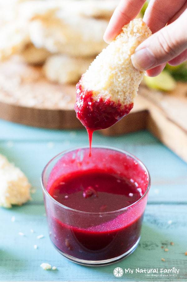 Coconut Crusted Chicken Tenders with Blackberry Sweet Chili Lime Dipping Sauce Recipe {Paleo, Clean Eating, Gluten Free, Dairy Free}