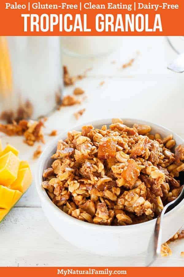 I love making this Paleo honey roasted tropical granola recipe ahead of time for a quick and easy Paleo breakfast or a portable snack. (Gluten-Free, Clean Eating, Dairy-Free)