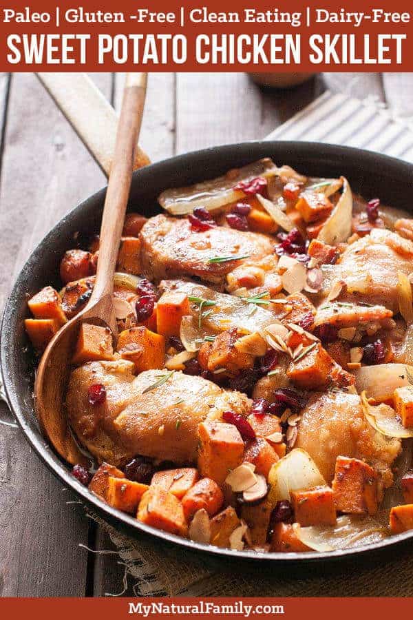 These maple-baked chicken with sweet potatoes cook up quickly in one pan. I love how fast it comes together and how easy it cleans up. {Paleo, Clean Eating, Gluten-Free, Dairy-Free} #mynaturalfamily #paleo #paleorecipes #healthyeating #healthyrecipes #healthyfood #cleaneatingrecipes #cleaneating #eatclean #justeatrealfood
#glutenfree #glutenfreerecipes