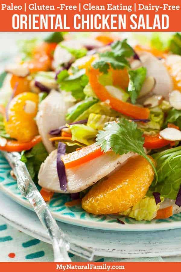 This Paleo Chinese chicken salad recipe is perfect for a nice warm spring or summer evening meal. It would also be good for lunch or any other occasion. I love how it's light, but filling and a little sweet and crunchy. {Gluten-Free, Clean Eating, Dairy-Free} #mynaturalfamily #paleo #paleorecipes #healthyeating #healthyrecipes #healthyfood #cleaneatingrecipes #cleaneating #eatclean #justeatrealfood #glutenfree #glutenfreerecipes
