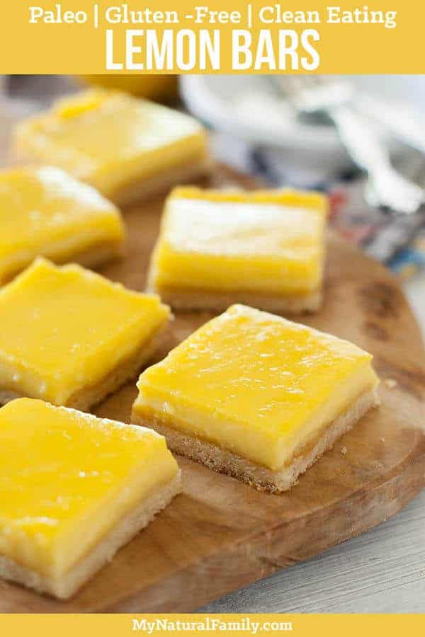 These Paleo lemon bars are so good! They have just the right amount of lemon filling and crust and are my all-time favorite dessert! {Clean Eating, Gluten-Free} #mynaturalfamily #paleo #paleorecipes #healthyeating #healthyrecipes #healthyfood