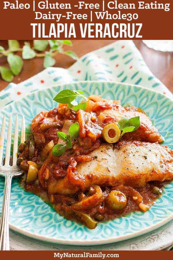 I'm finally not afraid of cooking fish! This Paleo tilapia Veracruz turns out moist and the sauce hides the fishy flavor and is so easy and you can even use frozen fish. #paleo #paleorecipes #fishrecipes #glutenfree #glutenfreerecipes #whole30 #whole30recipes #cleaneating #cleaneatingrecipes