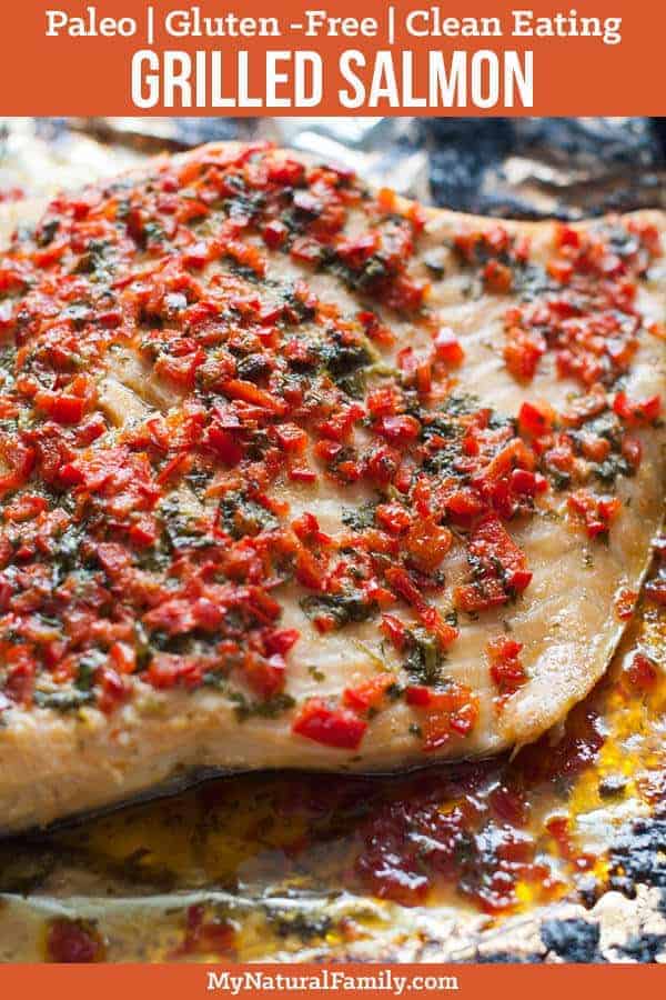 I love how this Paleo grilled salmon recipe is really fast to make and tastes so good from the red pepper and garlic butter sauce and steaming in the tin foil. I love how the foil keeps the salmon from breaking apart and falling in the grill. Plus, it grills in 30 minutes and cleanup is as simple as throwing the tin foil away. {Gluten-Free, Clean Eating} #mynaturalfamily #paleo #paleorecipes #healthyrecipes #cleaneatingrecipes #cleaneating #eatclean #justeatrealfood