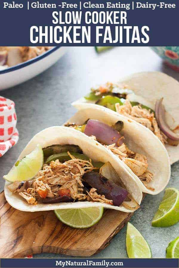 I love this chicken fajita crock pot recipe because the chicken comes out moist and full of flavor from the salsa. {Paleo, Gluten-Free, Clean Eating, Dairy-Free, Whole30} #mynaturalfamily #paleo #paleorecipes #healthyeating #healthyrecipes #healthyfood #cleaneatingrecipes #cleaneating #eatclean #justeatrealfood #glutenfree #glutenfreerecipes #glutenfreedaddy