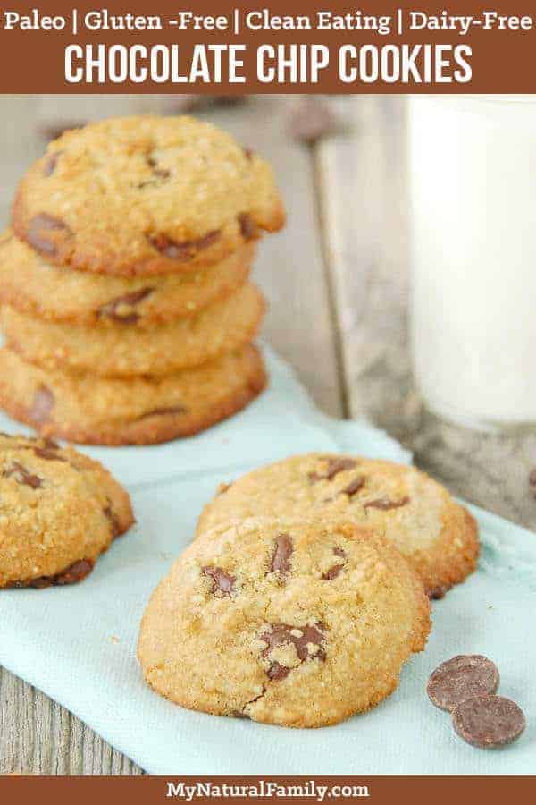 These Paleo chocolate chip cookies are crunchy on the outside and chewy in the middle. I love how they are made with almond, coconut, tapioca flours so you can't taste any one flavor and you get the best properties of each type of Paleo flour. #mynaturalfamily #paleo #paleorecipes #healthyeating #healthyrecipes #healthyfood