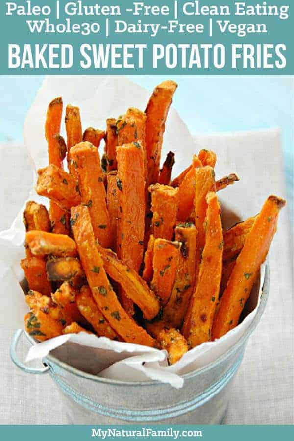 This makes perfect sweet potato fries because the light coating on them makes them hold the seasoning and helps keep them from burning. It gives them a crunchy/chewy texture that is addicting! #paleo #paleorecipes #mynaturalfamily