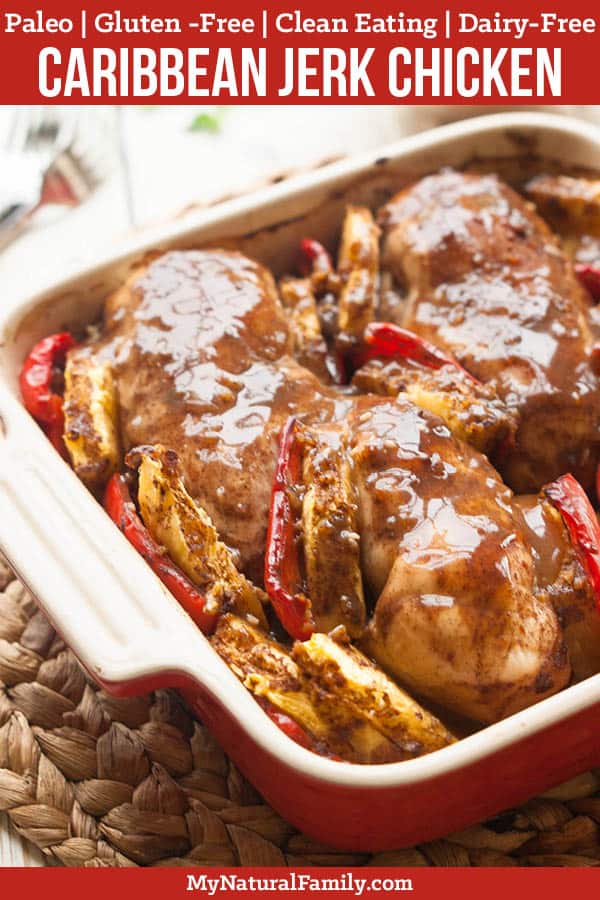 This easy baked Paleo jerk chicken recipe is easy to make and you can do whatever you want while it bakes in the oven. {Paleo, Gluten-Free, Clean Eating, Dairy-Free} #mynaturalfamily #paleo #paleorecipes #healthyeating #healthyrecipes #healthyfood #cleaneatingrecipes #cleaneating #eatclean #justeatrealfood #glutenfree #glutenfreerecipes
