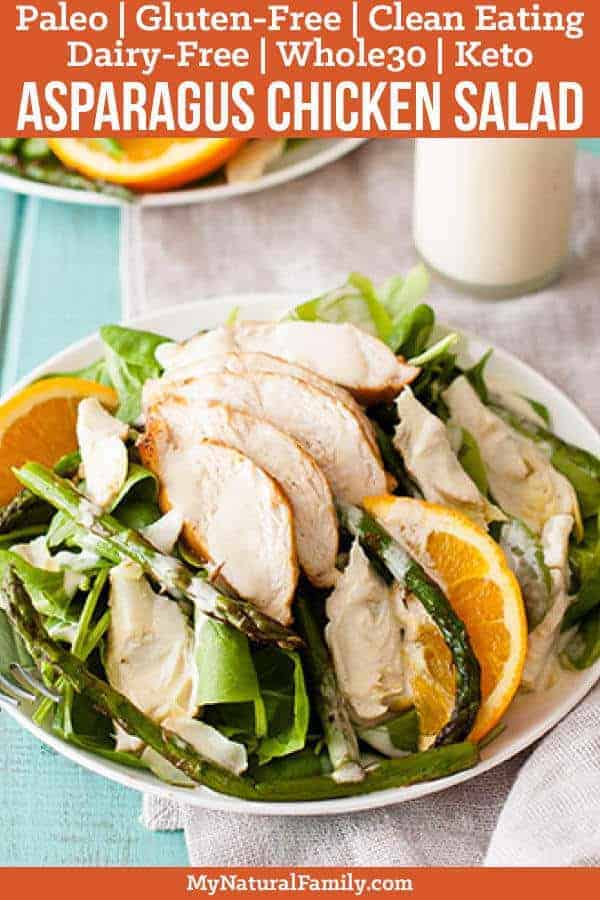 I don't know what it is about the roasted asparagus and homemade mayo. combo in this Paleo chicken salad, but it's so, so good! {Clean Eating, Gluten Free, Dairy Free, Whole30} #mynaturalfamily #paleo #paleorecipes #healthyeating #healthyrecipes #healthyfood #cleaneatingrecipes #cleaneating #eatclean #justeatrealfood #glutenfree #glutenfreerecipes