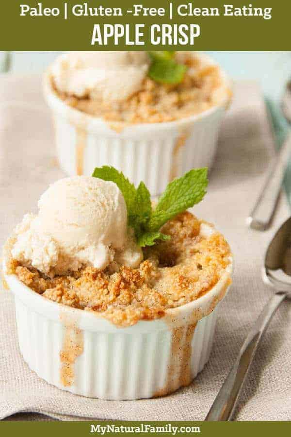 This Paleo apple crisp recipe is buttery, sweet, and crunchy. The arrowroot starch helps the cooked apples achieve a glossy, thick sauce while the honey sweetens it just enough. {Paleo, Gluten-Free, Clean Eating} #mynaturalfamily #paleo #paleorecipes #healthyeating #healthyrecipes #healthyfood