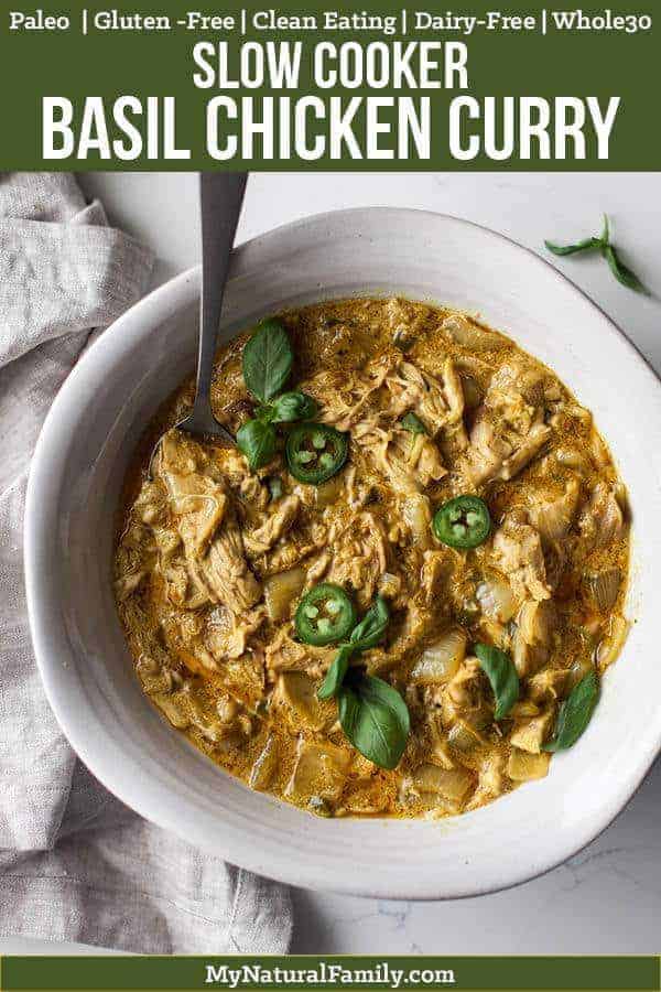 This coconut curry chicken recipe gets so tender and flavorful in the crock pot. I crave it all the time! {Paleo, Gluten-Free, Clean Eating, Dairy-Free, Whole30} #mynaturalfamily #paleo #paleorecipes #healthyeating #healthyrecipes #healthyfood