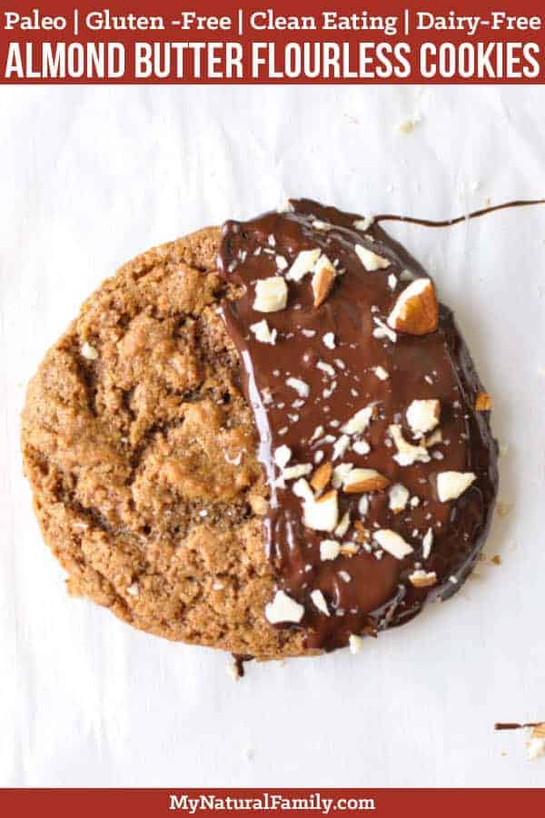 These Paleo almond butter cookies are flourless, soft, chewy and simple with only 5 ingredients, plus the 2 ingredient optional chocolate topping. #mynaturalfamily #paleo #paleorecipes #healthyeating #healthyrecipes #healthyfood