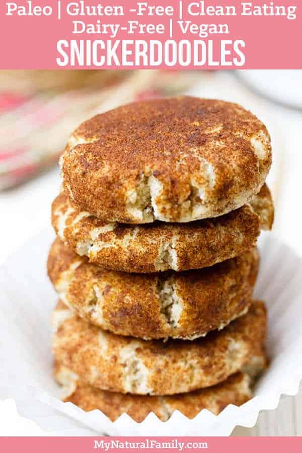 These Paleo snickerdoodles use coconut flour and a flax seed egg. Perfect for those who can't eat eggs or don't like the eggy taste most coconut flour recipes have. {Gluten-Free, Vegan} #paleo #paleorecipes #mynaturalfamily