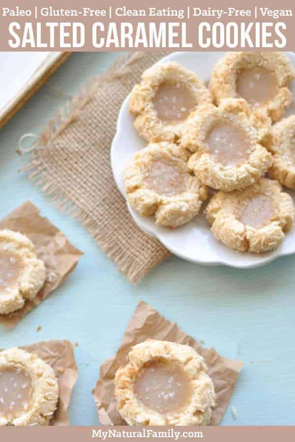 These Paleo coconut cookies only have 5 ingredients for the base and then are filled with a simple salted caramel sauce. #mynaturalfamily #paleo #paleorecipes #healthyeating #healthyrecipes #healthyfood