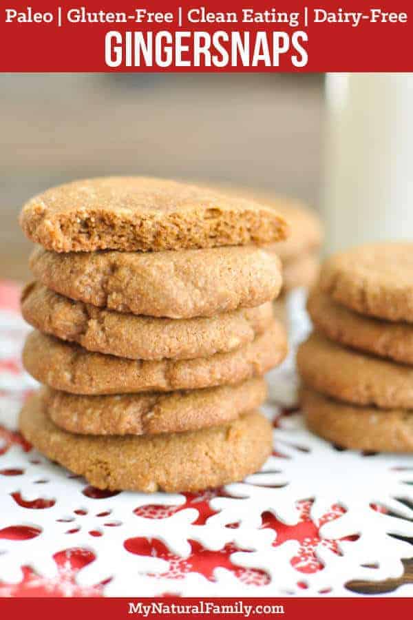 These Paleo gingersnaps are so soft, which is very unusual for Paleo Christmas cookies. Plus, they only have 6 ingredients! Bonus - they are Gluten-Free, Clean Eating, Dairy-Free and Vegan too! #mynaturalfamily #paleo #paleorecipes #healthyeating #healthyrecipes #healthyfood