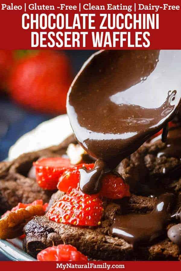I love how the main ingredient on these dessert Paleo waffles are zucchini. Well, and chocolate. Gotta love chocolate. . . {Gluten-Free, Clean Eating, Dairy-Free} #paleorecipes #paleo #mynaturalfamily