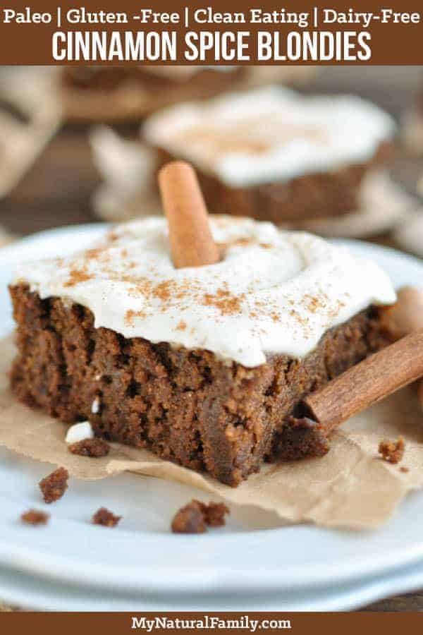 These cinnamon spice Paleo blondies have a deep, rich flavor with a light and fluffy frosting and hit the spot as a Paleo fall dessert. {Gluten-Free, Clean Eating, Dairy-Free} #mynaturalfamily #paleo #paleorecipes