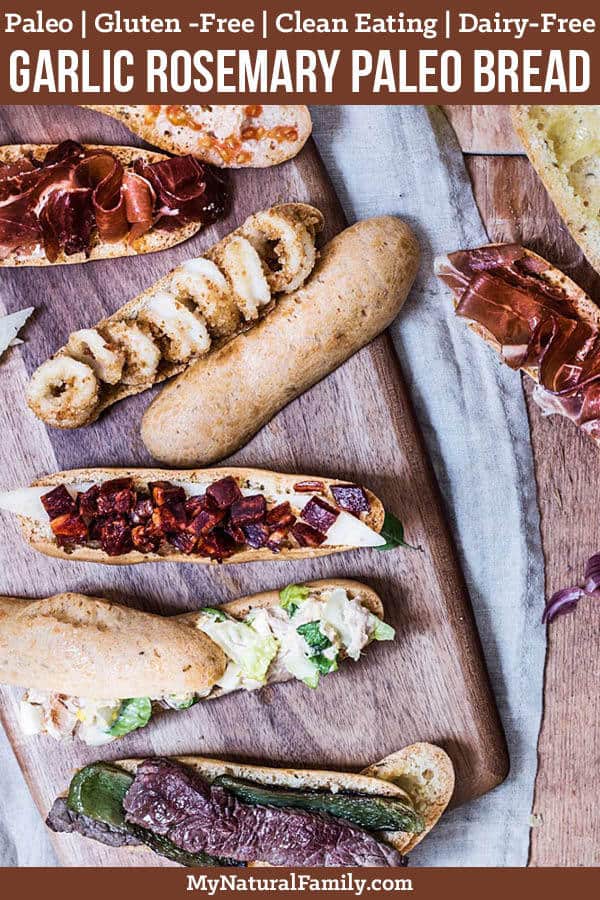 Make a batch of this garlic rosemary Spanish Paleo bread recipe and surprise your guests with these 5 traditional Spanish tapas sandwiches without having to leave your kitchen. {Gluten-Free, Dairy-Free} #mynaturalfamily #paleo #paleorecipes #healthyeating #healthyrecipes #healthyfood #tapas