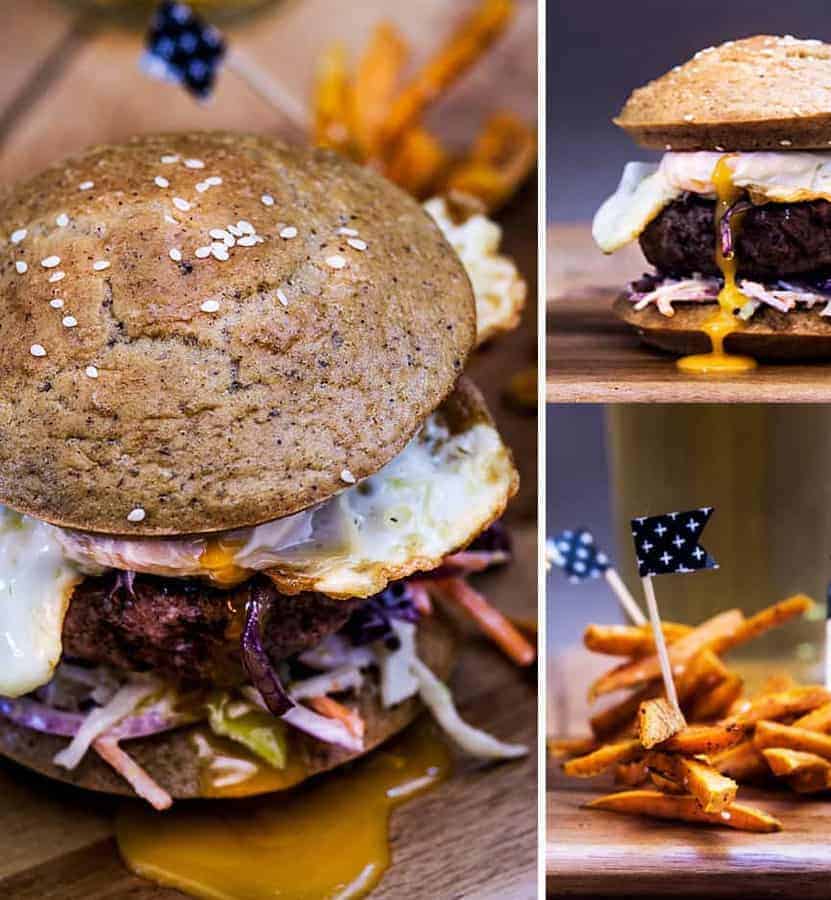 Paleo Burger Buns with yam fries and a fried egg
