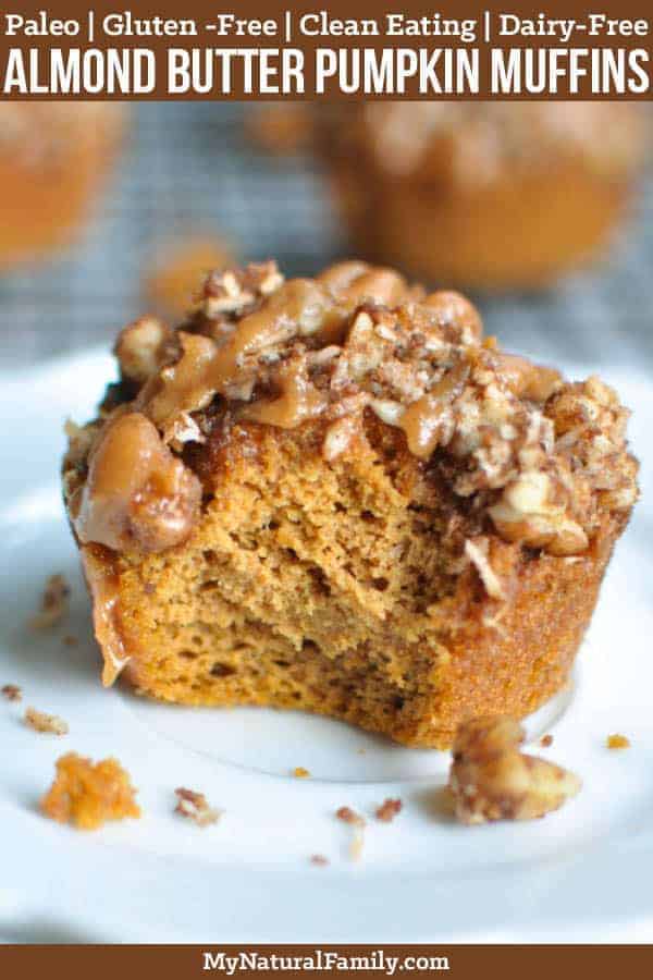 These Paleo pumpkin muffins with almond butter and nut streusel topping are big, fluffy, moist, and bursting with pumpkin flavor. No one will believe that they are healthy, gluten-free, grain-free, and Paleo friendly. {Gluten-Free, Clean Eating, Dairy-Free} #mynaturalfamily #paleo #paleorecipes
