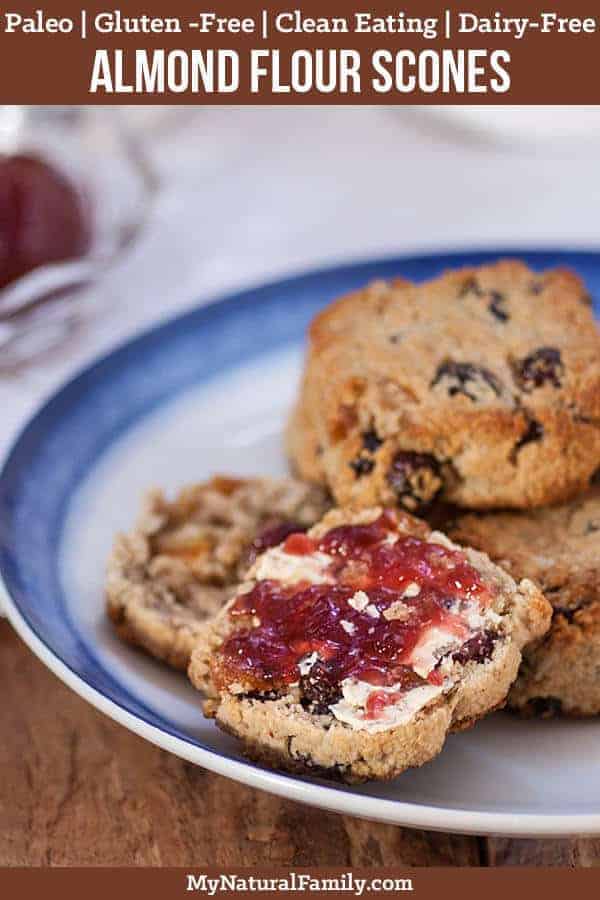 These almond flour Paleo scones are quick to make and are filled with your favorite dried fruits and seeds and are extra good topped with some butter and jelly. {Gluten-Free, Clean Eating, Dairy-Free} #mynaturalfamily #paleo #paleorecipes #healthyeating #healthyrecipes #healthyfood #glutenfree #glutenfreerecipes