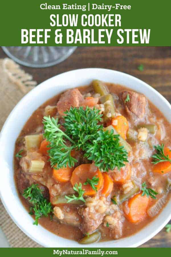This slow cooker beef and barley stew is so easy to throw all the ingredients in the morning and forget about it the rest of the day and have your entire healthy, comforting meal in one bowl! {Clean Eating, Dairy-Free} #cleaneatingrecipes #cleaneating #eatclean #justeatrealfood