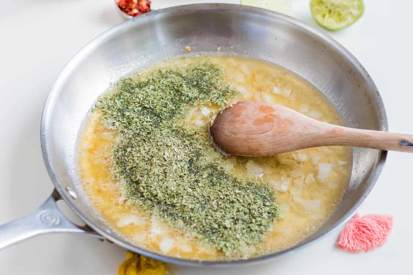 Add water, lime juice and cilantro